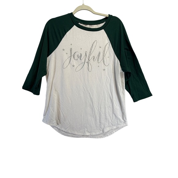 Life of Mine Tops - Life of Mine Womens Joyful Graphic Baseball Tee Green White 3/4 Sleeve Medium